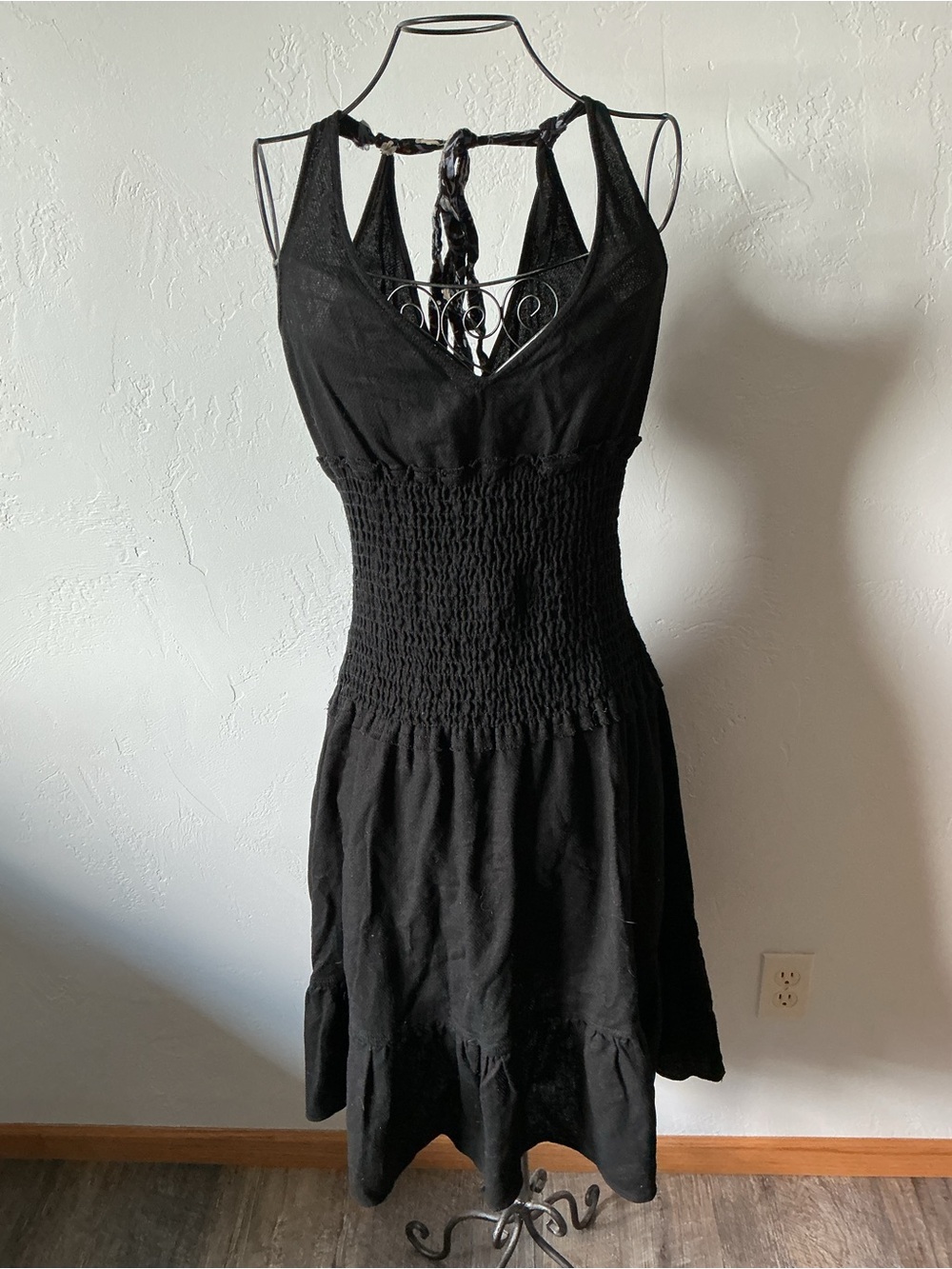 Free People Black Smocked Tank Style Tie Neck MIDI Dress